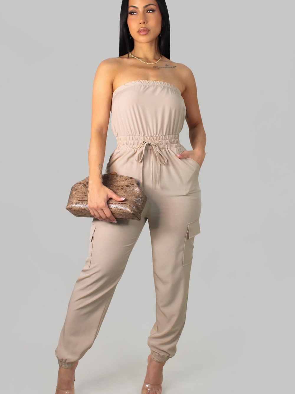 Strapless Cargo Jumpsuit in Beige